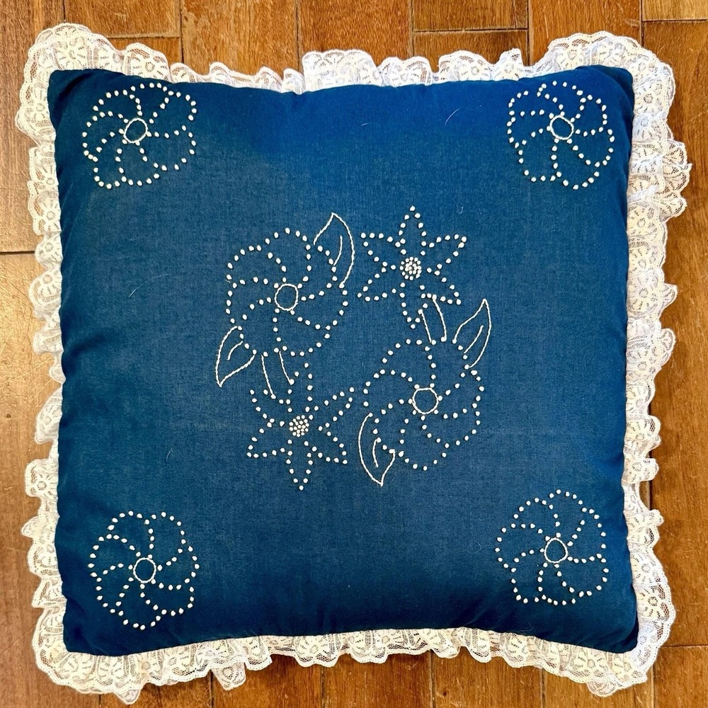 VTG Handmade Navy Blue Floral Embroidered Flowers Throw Pillow Case Lace 18x18"